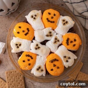 Chocolate chips in a baking dish with marshmallows on top, fully baked for Halloween S'mores Dip