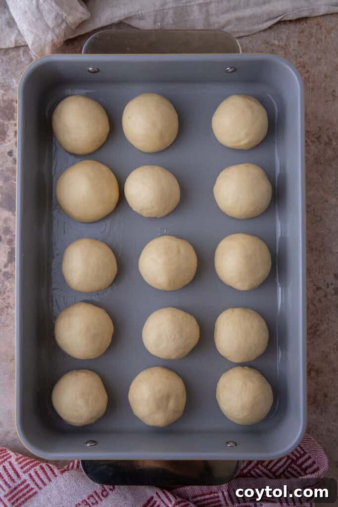 Pillowy Soft Buttery Holiday Rolls 11 Shaped bread buns neatly arranged in a baking dish before their second rise