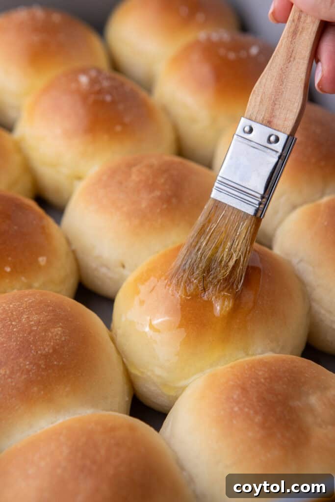 Pillowy Soft Buttery Holiday Rolls 13 Brushing the tops of hot, freshly baked dinner rolls with melted butter for a glossy finish