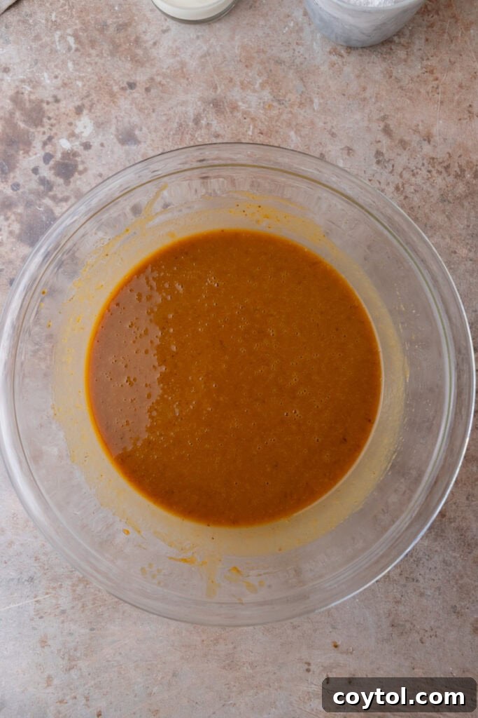 All wet ingredients combined and smooth in a bowl.