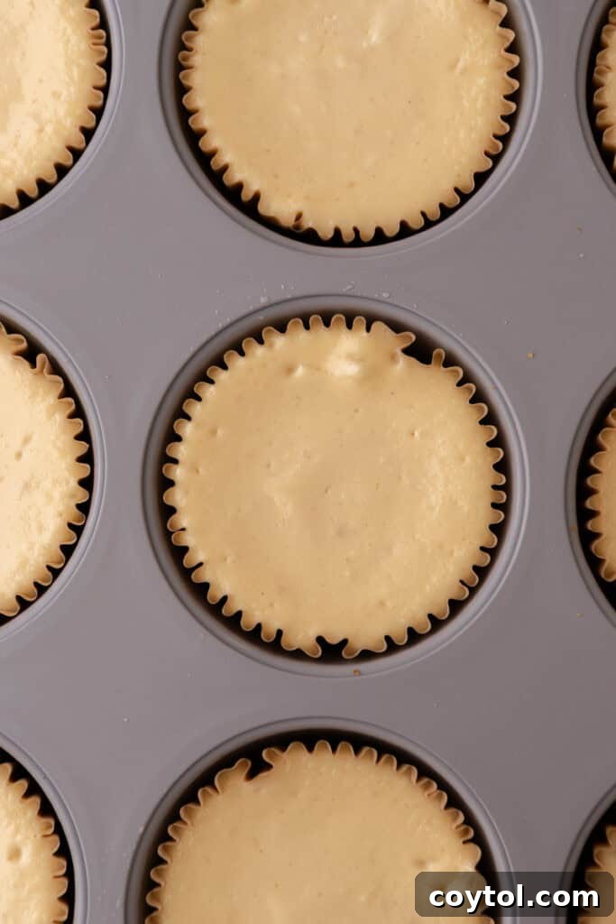 Irresistible Pecan Pie Cheesecake Bites 25 Mini Pecan Pie Cheesecakes in a muffin tin with pecan topping, ready to be served.