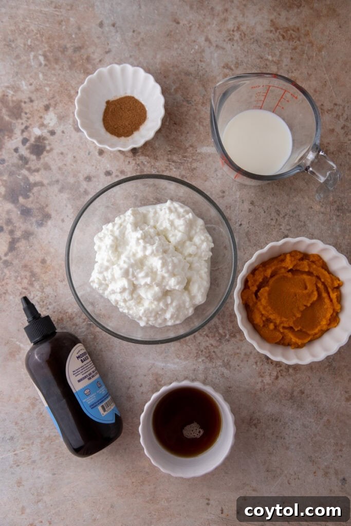 Ingredients for Ninja Creami pumpkin ice cream including cottage cheese, pumpkin puree, and pumpkin pie spice