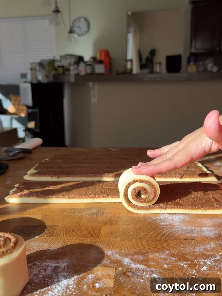 Cinnamon roll dough cut into even strips before shaping