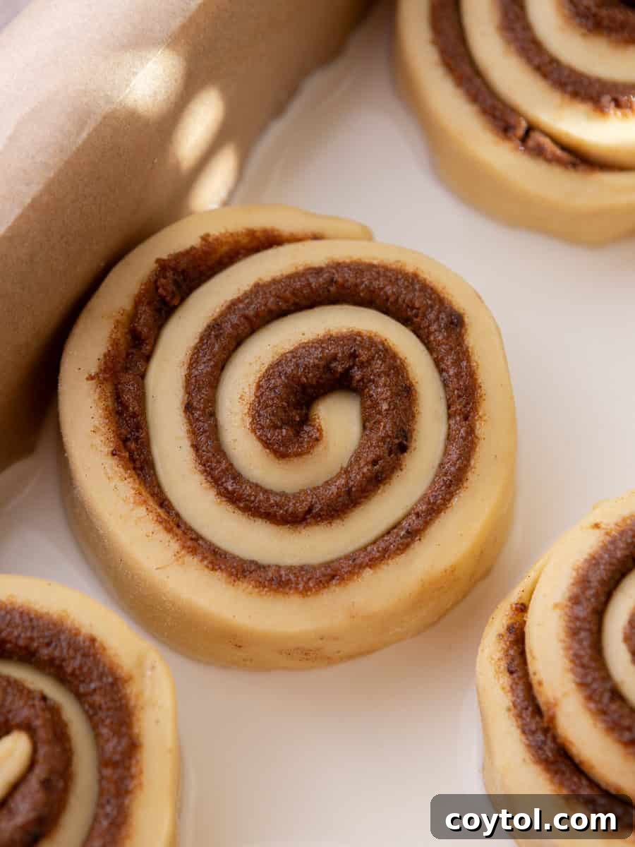Unbaked cinnamon roll in pan before rising