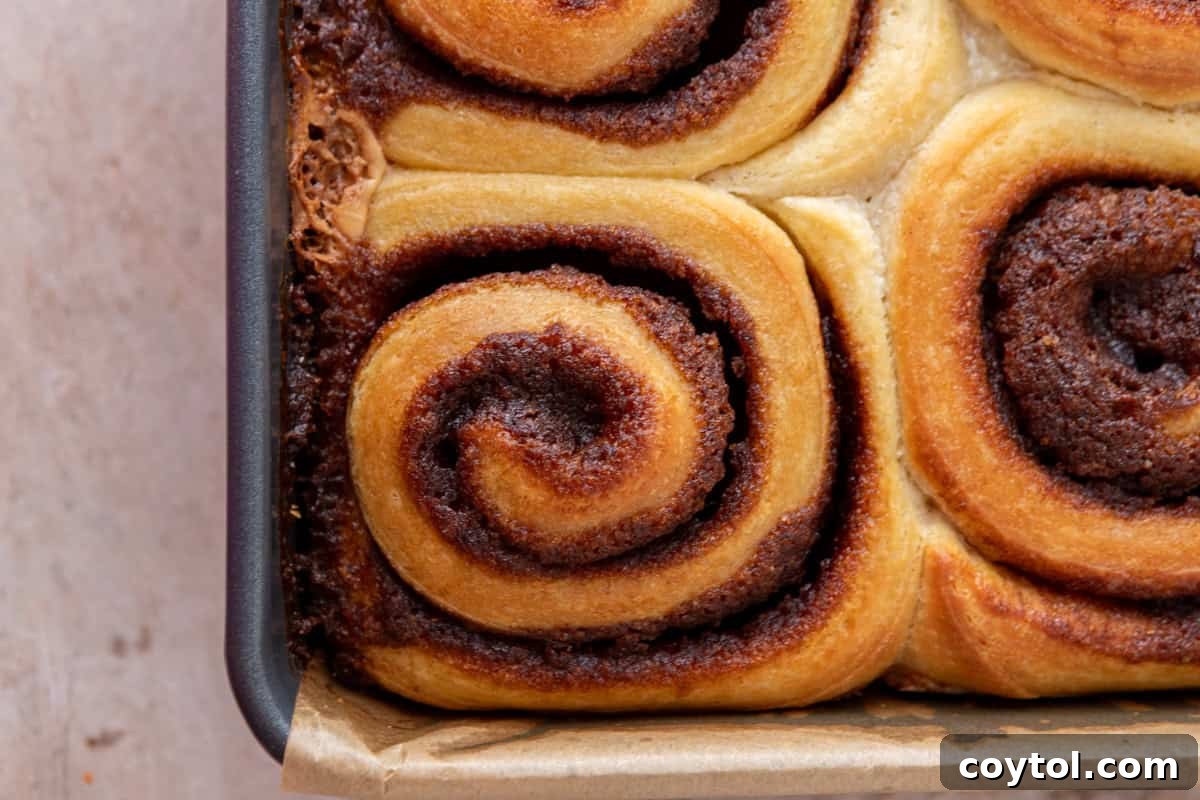 Golden baked cinnamon rolls with gooey swirls in pan