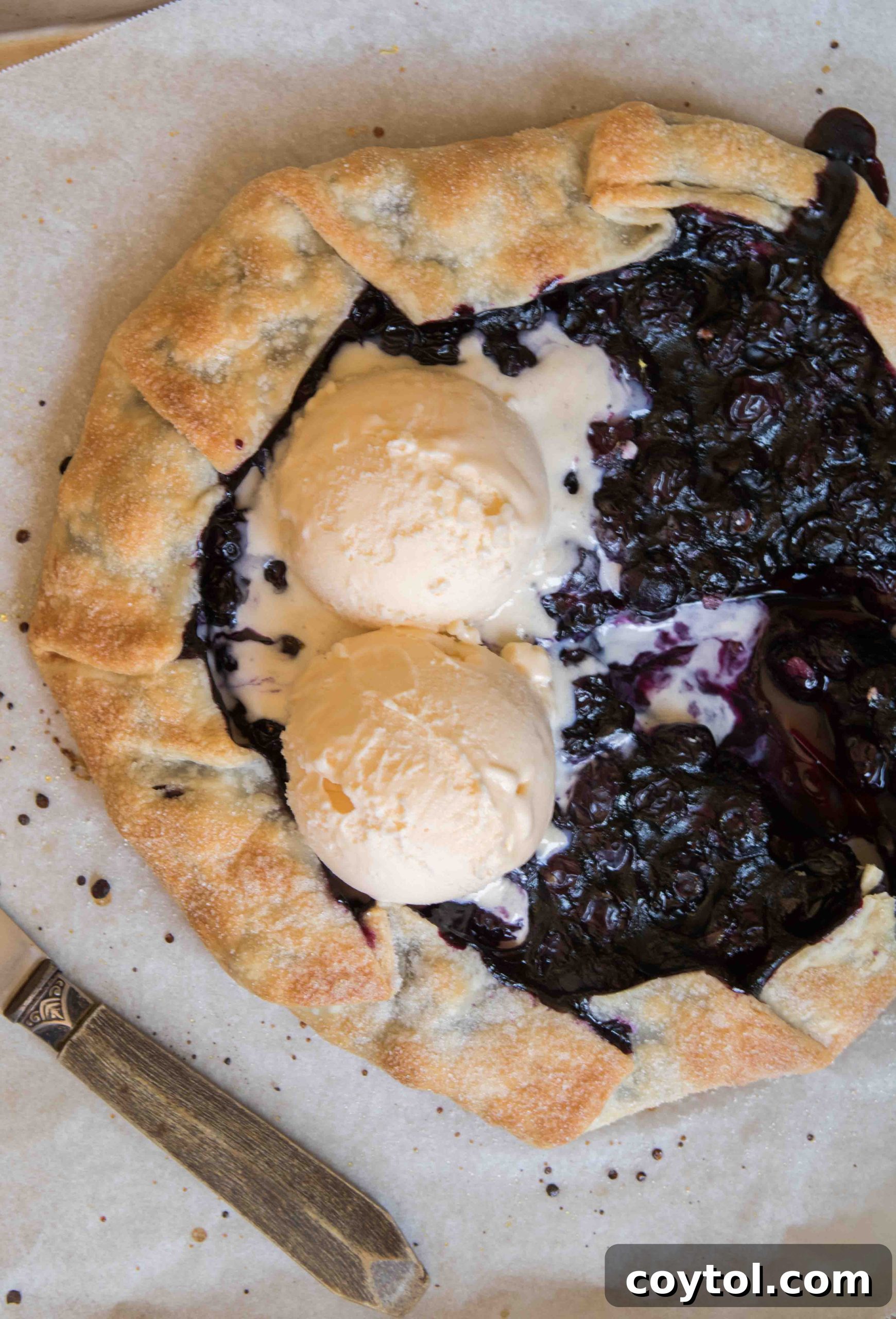 Easy blueberry galette served with a scoop of vanilla ice cream