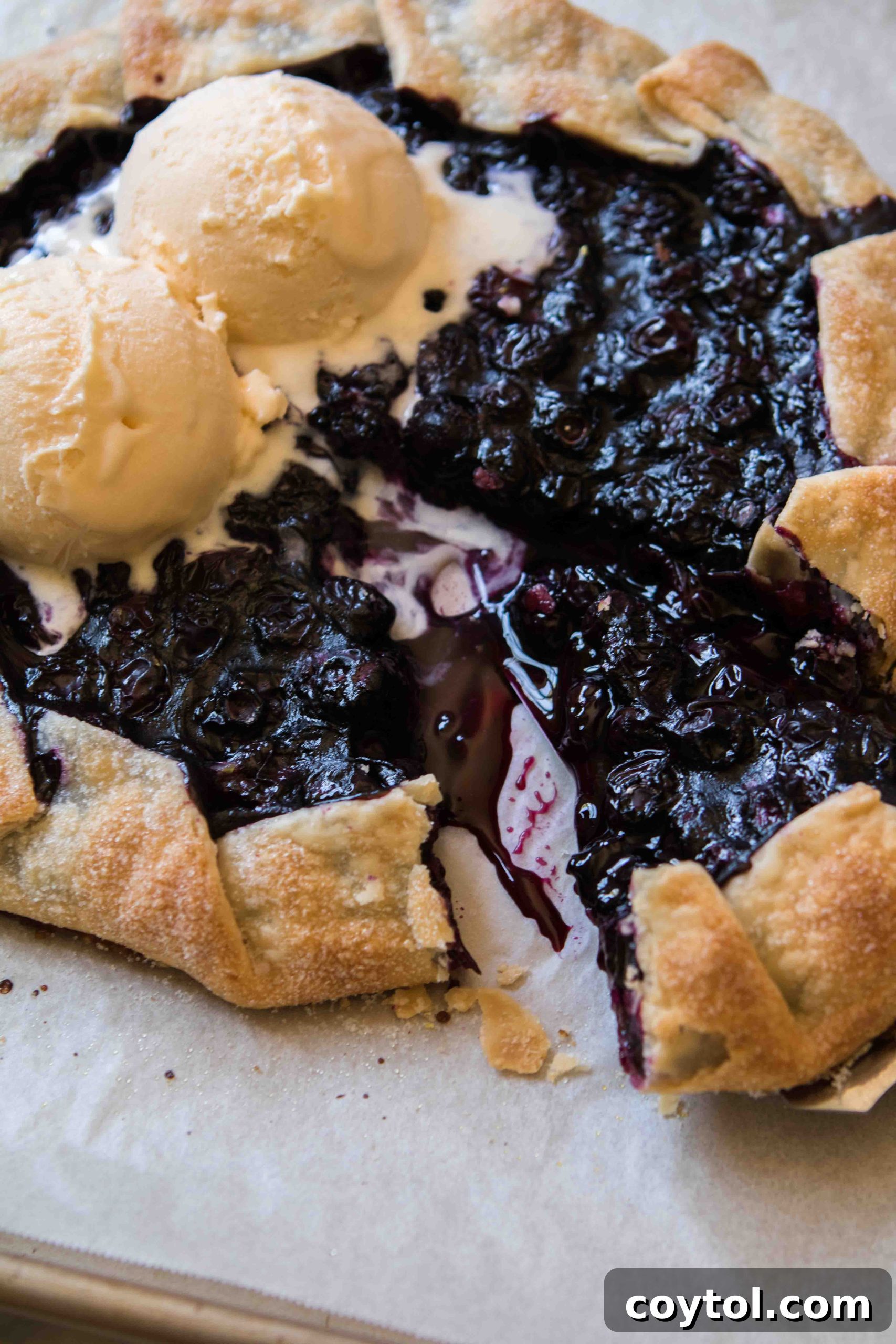 Close-up of a rustic blueberry galette with lemon zest
