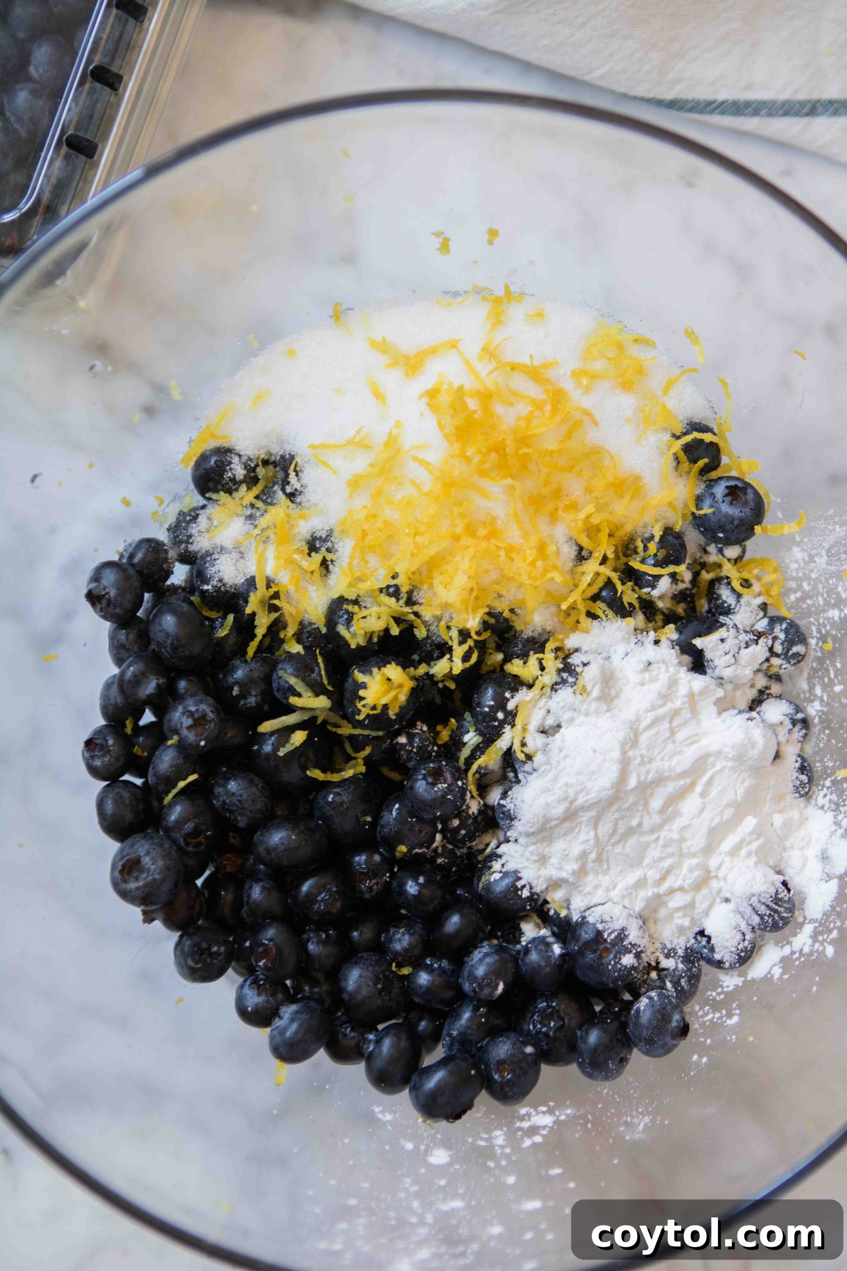 Mixing blueberries with lemon zest, lemon juice, corn starch, and sugar in a bowl.