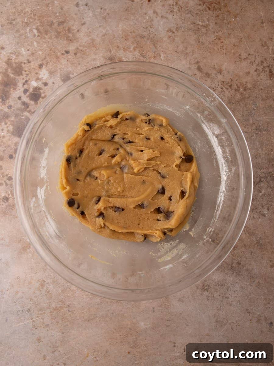 Martha Stewart's Chocolate Chip Cookies Crumbl-Style 5 Smooth cookie dough mixed with chocolate chips ready to scoop.