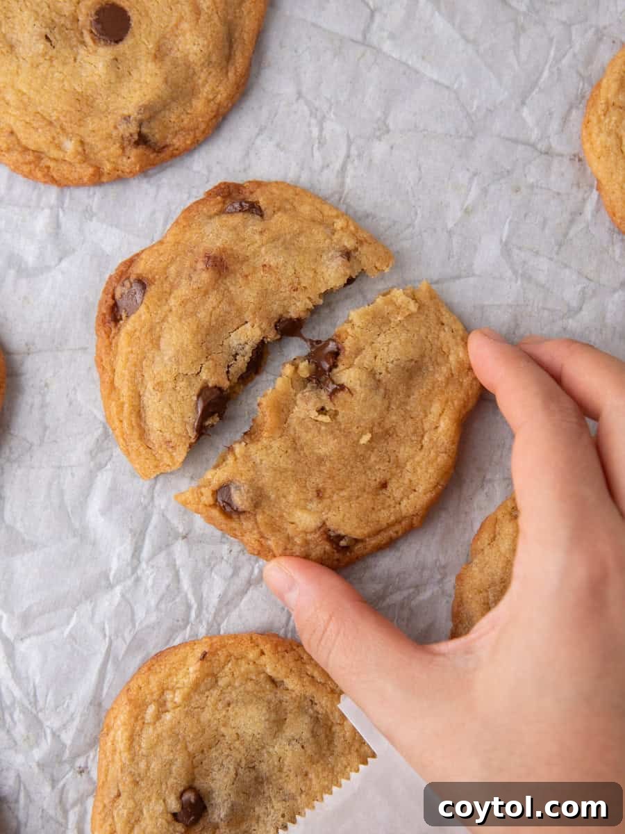 Martha Stewart's Chocolate Chip Cookies Crumbl-Style 6 Hand breaking a freshly baked thin chocolate chip cookie showing chewy center.