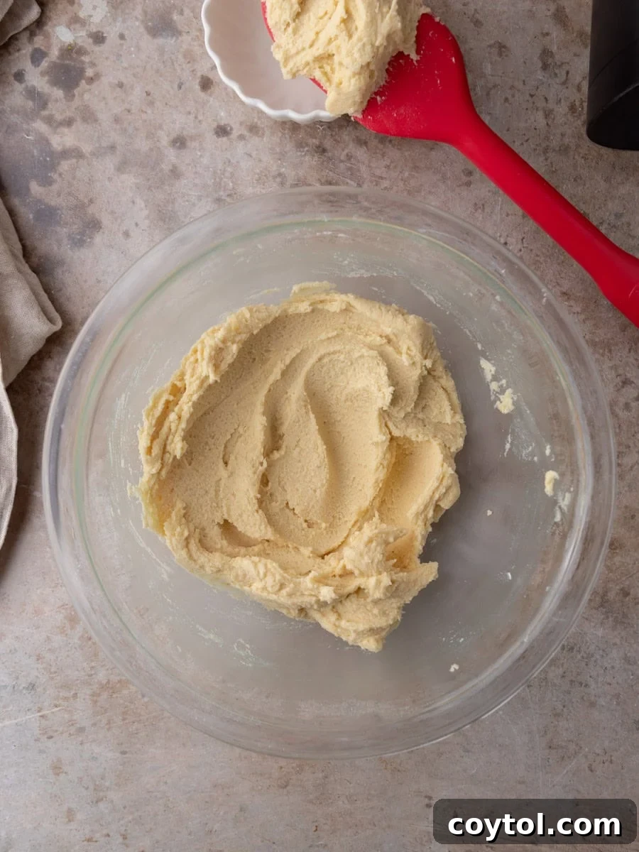 Smooth, perfectly textured cookie dough resting in a clear glass bowl, indicating it's ready for piping.