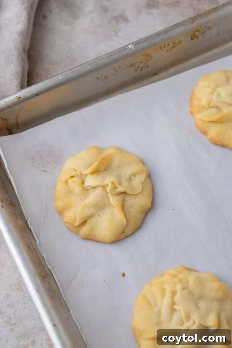 A perfectly baked Danish butter cookie, with golden edges and a pale center, cooling on a parchment-lined baking sheet.