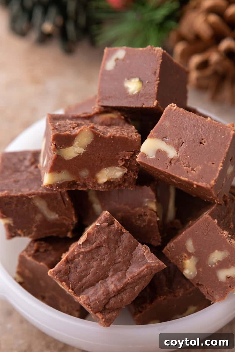 see's candy fudge recipe pieces stacked in a bowl