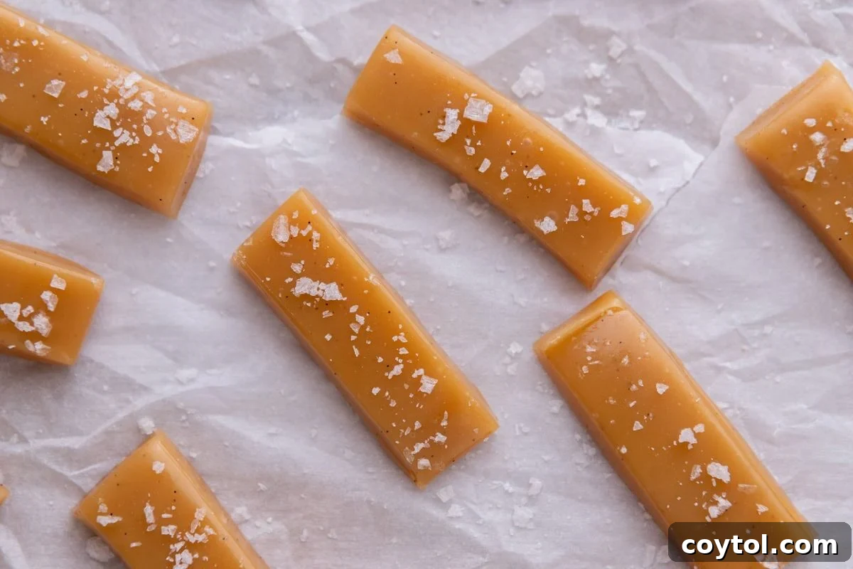 Close-up of soft homemade caramels sprinkled with flaky sea salt