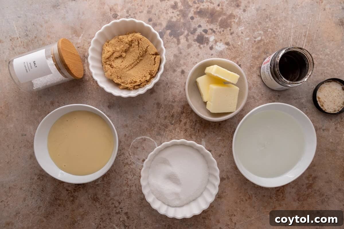 Ingredients for making quick caramels laid out in small bowls