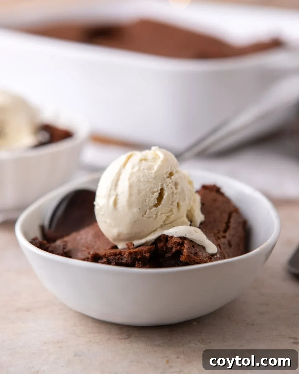 Warm brownie pudding served in a white bowl with a scoop of melting vanilla ice cream, creating a delightful contrast.