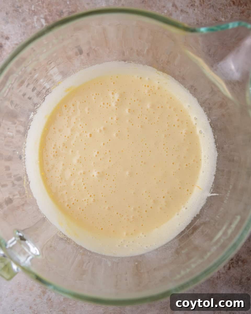 Eggs and sugar whipped until they are pale, thick, and fluffy, indicating proper aeration.