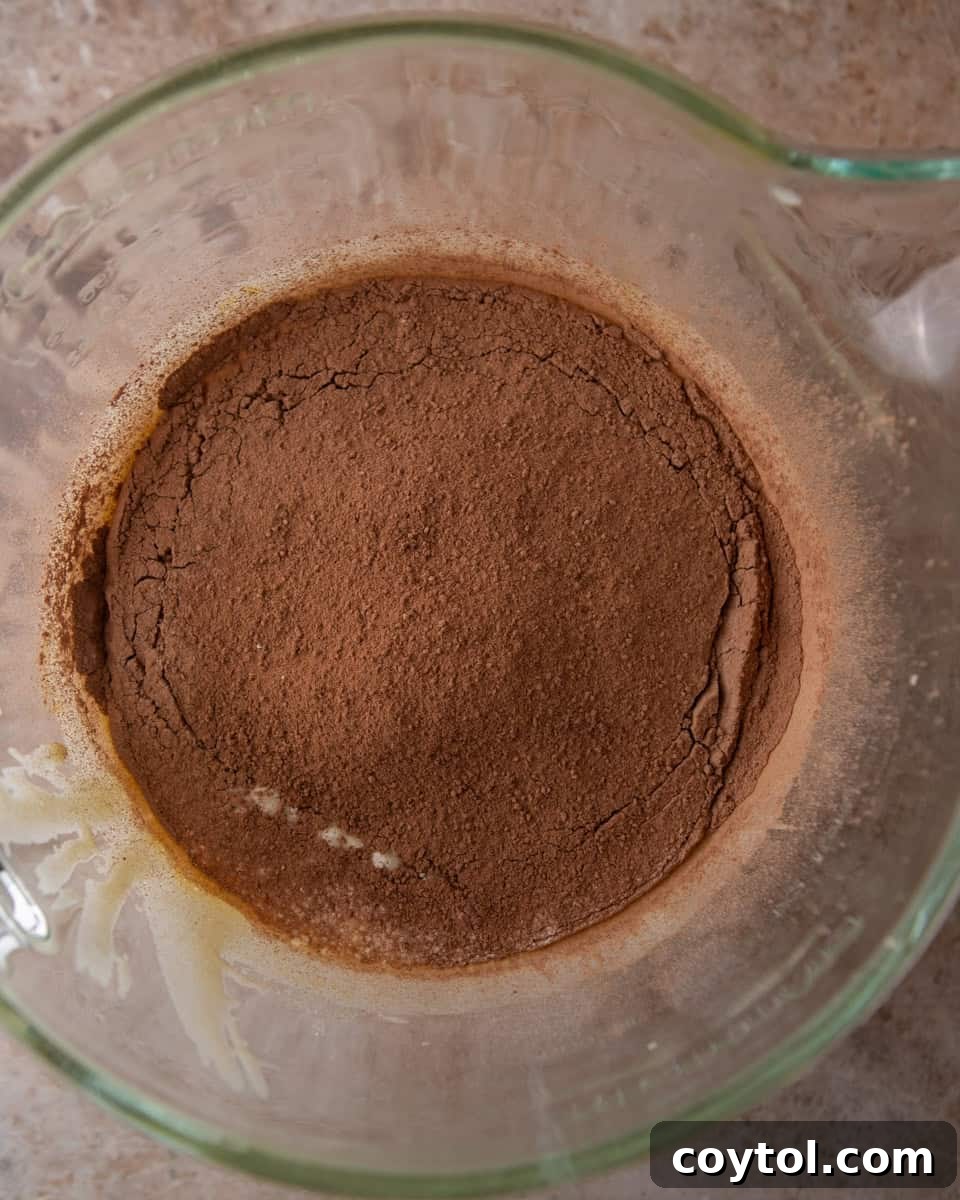 Sifted cocoa powder and all-purpose flour gently folded into the airy brownie pudding batter in a clear glass bowl.
