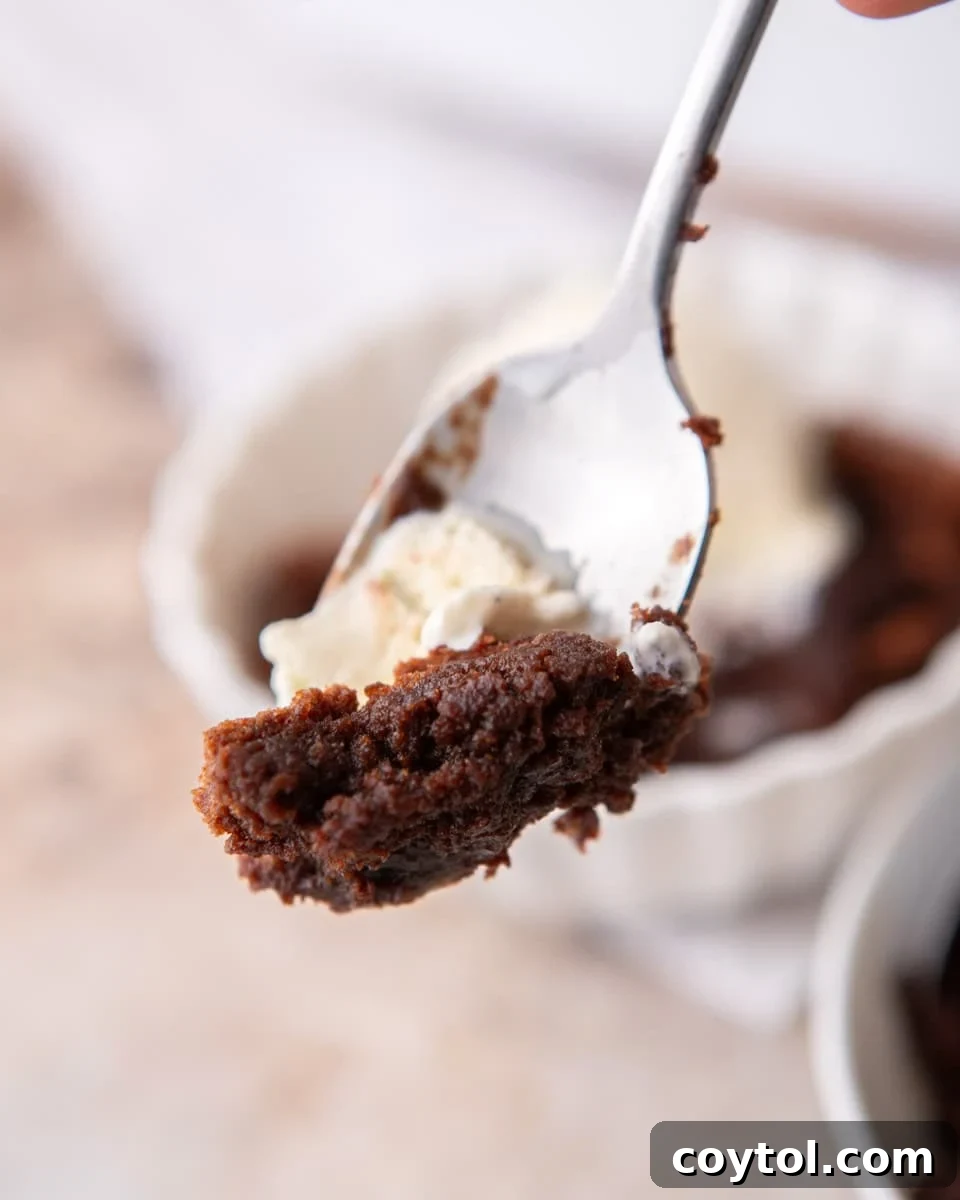 A close-up shot of a spoon scooping into warm, fudgy brownie pudding, revealing its rich, molten chocolate interior, topped with a dollop of melting vanilla ice cream.