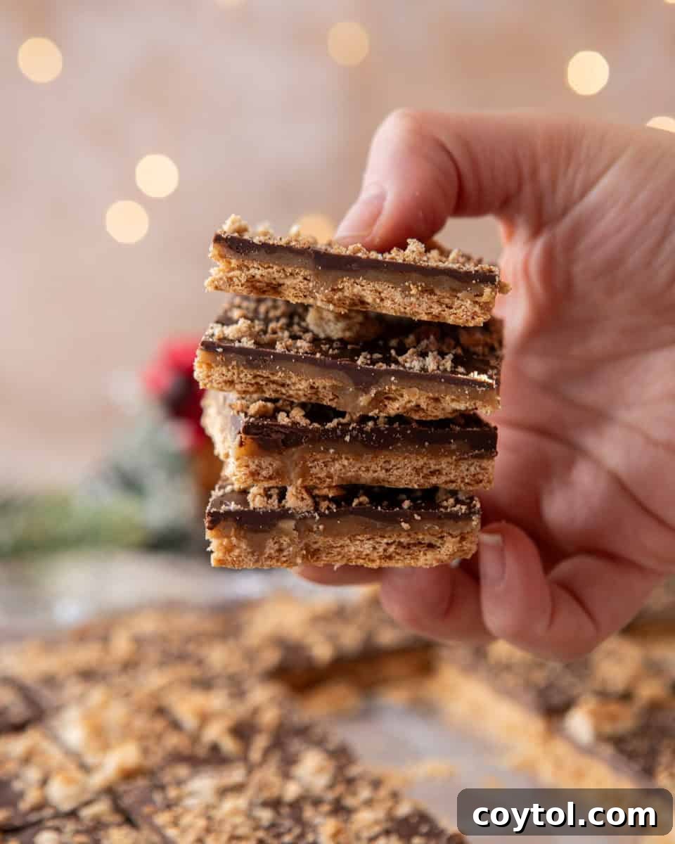 Hand holding stacked graham cracker Christmas crack pieces