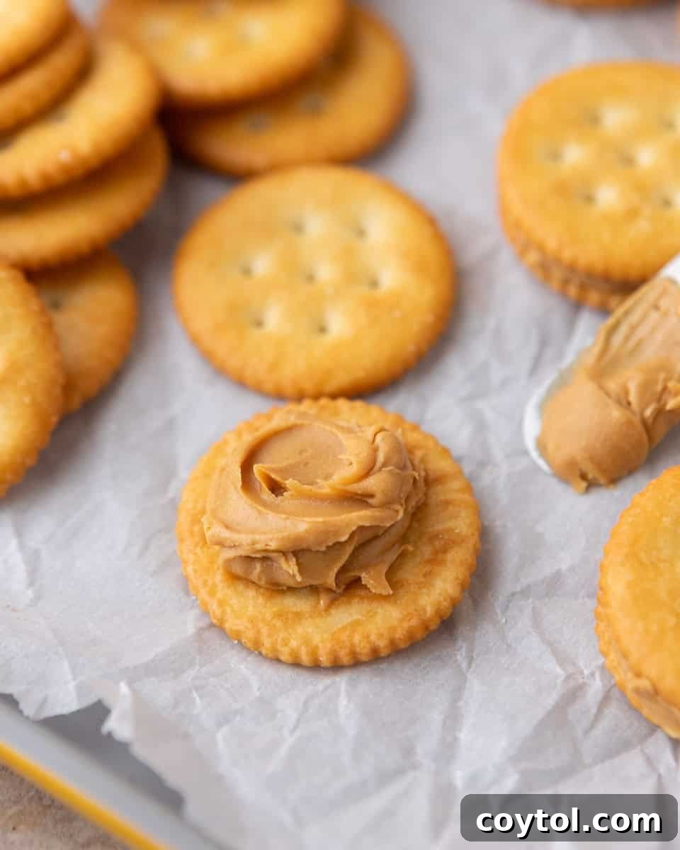 Easy No-Bake Ritz Peanut Butter Chocolate Sandwiches 4 Ritz crackers topped with creamy peanut butter for peanut butter cookies
