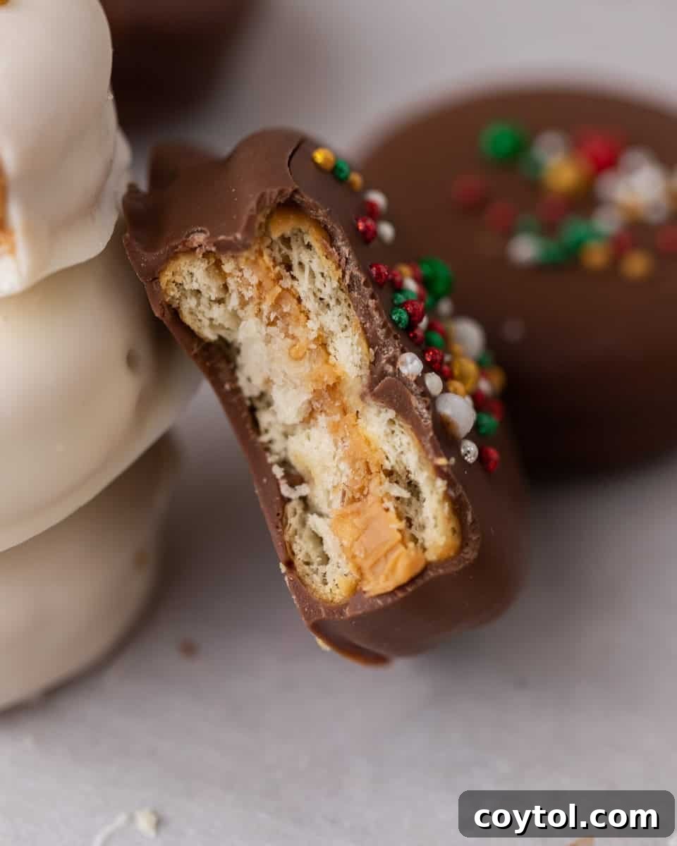 Easy No-Bake Ritz Peanut Butter Chocolate Sandwiches 10 Close up of Ritz cookie with a bite taken out of it.
