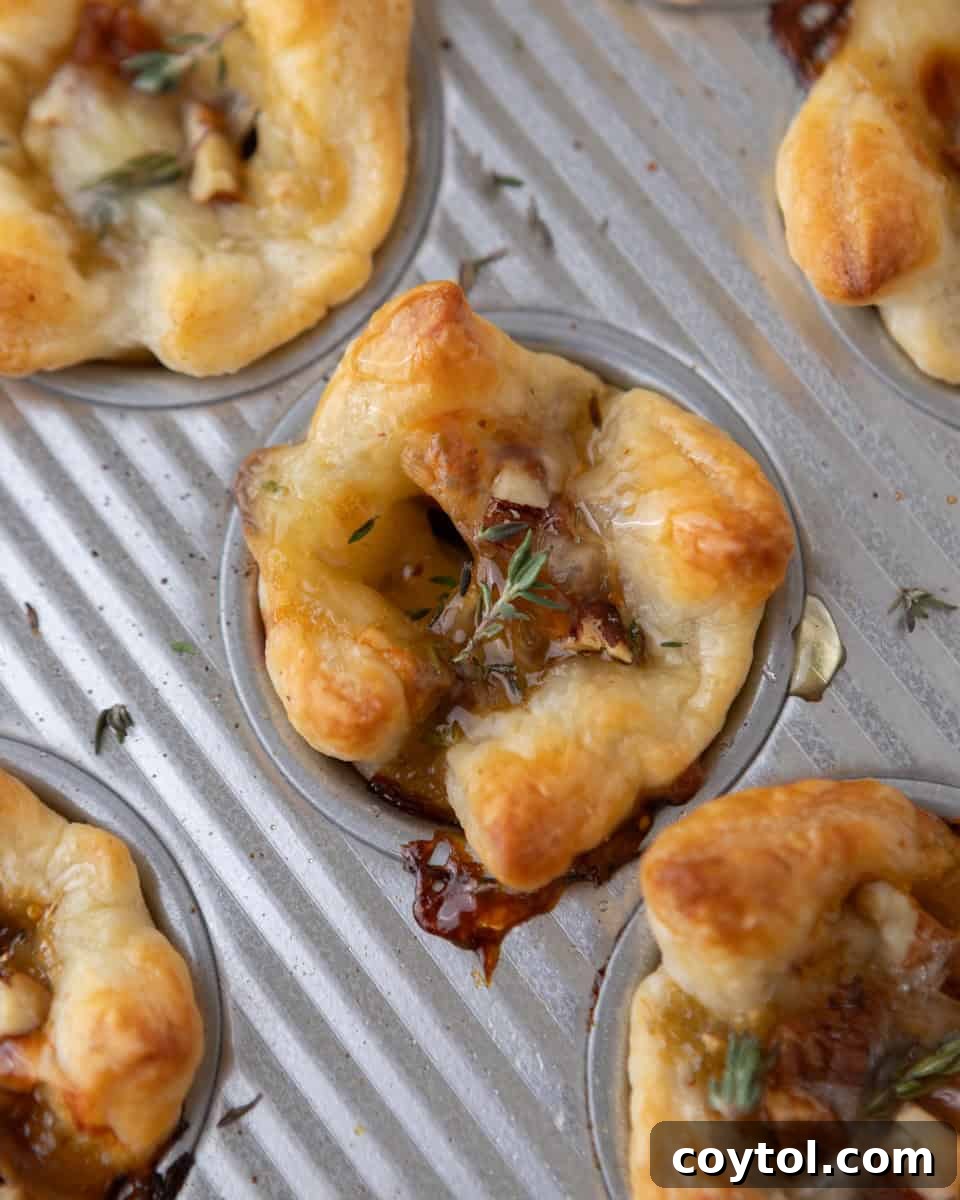 Sweet and Savory Brie Fig Pastry Bites 6 A mini muffin tin filled with perfectly baked brie and fig jam puff pastry cups, golden and bubbly, cooling slightly before removal.