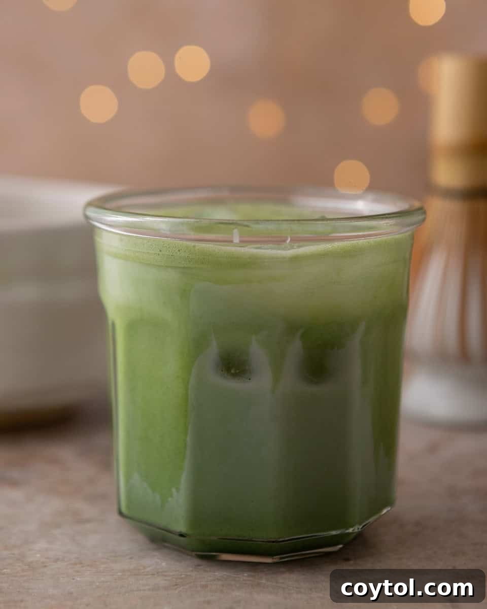 Velvety Salted Maple Matcha Frost 2 Salted maple matcha latte over ice with creamy milk