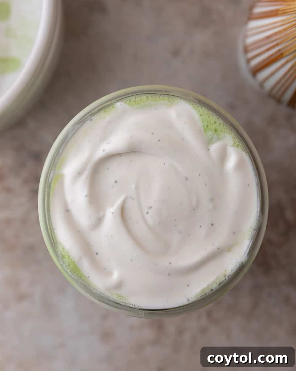 Velvety Salted Maple Matcha Frost 6 Creamy cold foam on top of a matcha latte