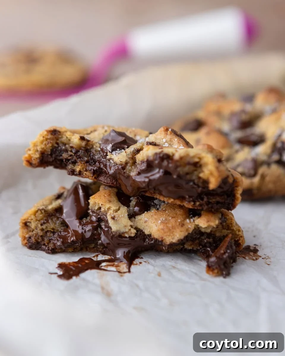 Soft cream cheese chocolate chip cookies broken open with melted chocolate and thick, gooey centers
