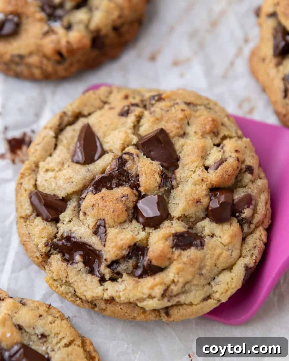 Baked cream cheese chocolate chip cookie with thick center and crisp edges
