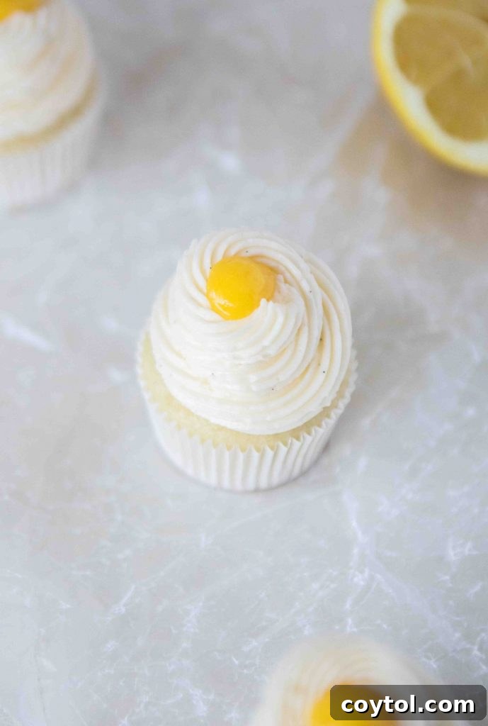 Mini cupcakes decorated with lemon curd and Italian buttercream