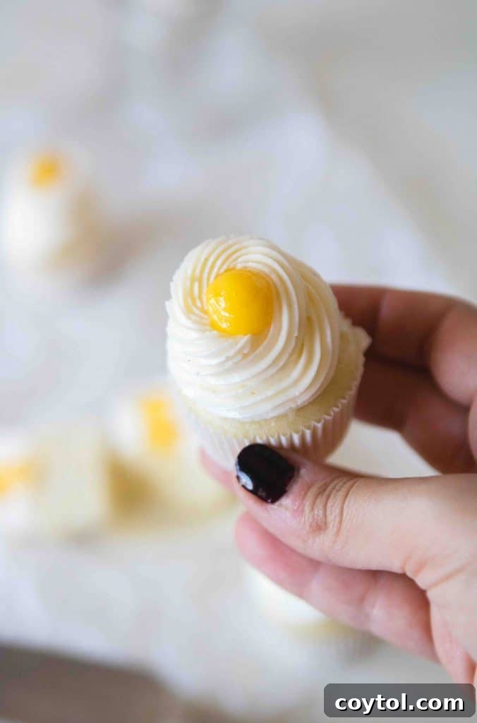 Closeup of beautifully decorated mini lemon cupcakes