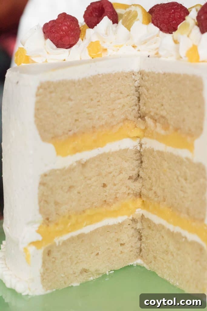 Slice of layered vanilla cake showing lemon curd filling