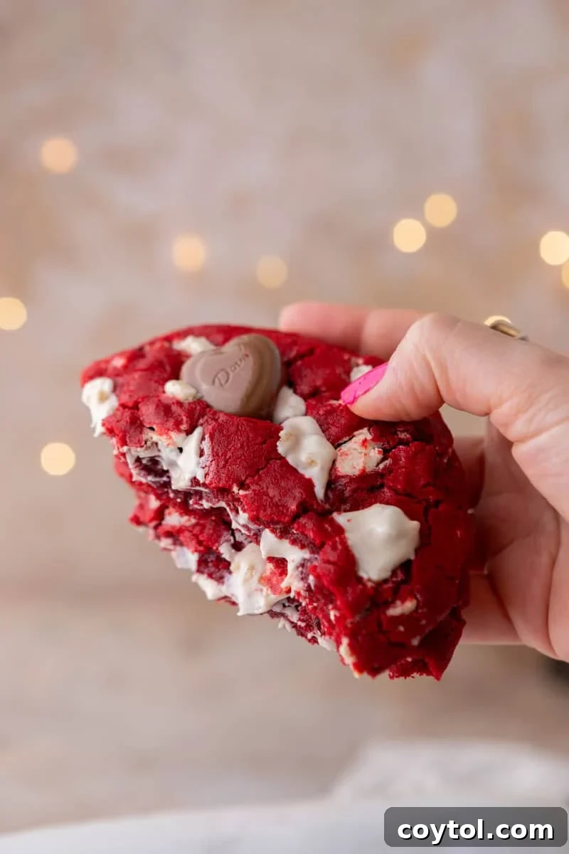 A perfectly baked, single-serve red velvet cookie broken in half, revealing its soft, chewy center and abundant melted white chocolate chunks. It promises a truly indulgent dessert experience.