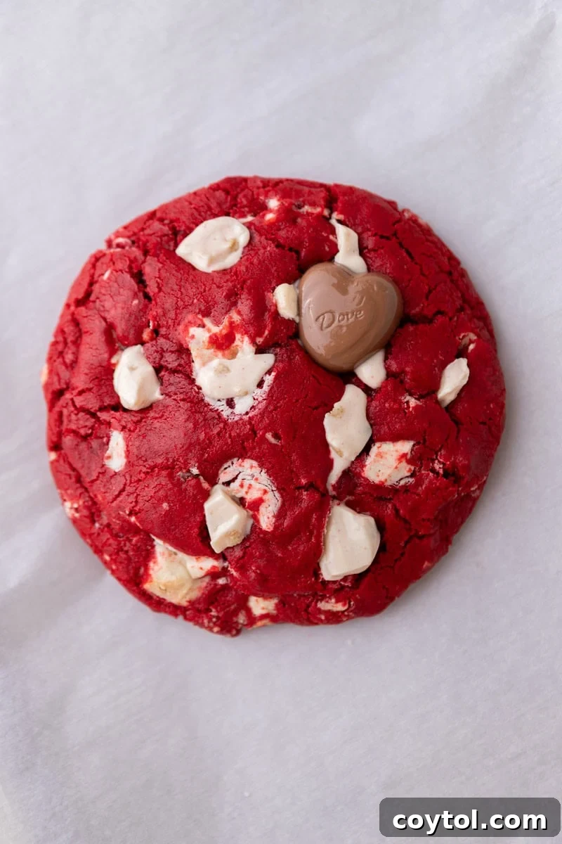 A freshly baked single-serve red velvet cookie, adorned with white chocolate chunks and featuring a beautifully glossy, cracked top, signaling its perfect chewy texture.