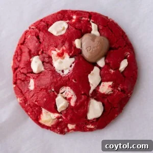 Single serve red velvet cookie with white chocolate chunks and a glossy cracked top