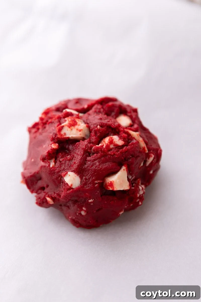 The unbaked single-serve red velvet cookie dough, shaped into a perfect ball and placed on parchment paper, ready for the oven.