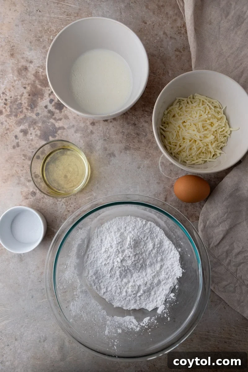  Ingredients for Brazilian cheese bread including tapioca flour and cheese