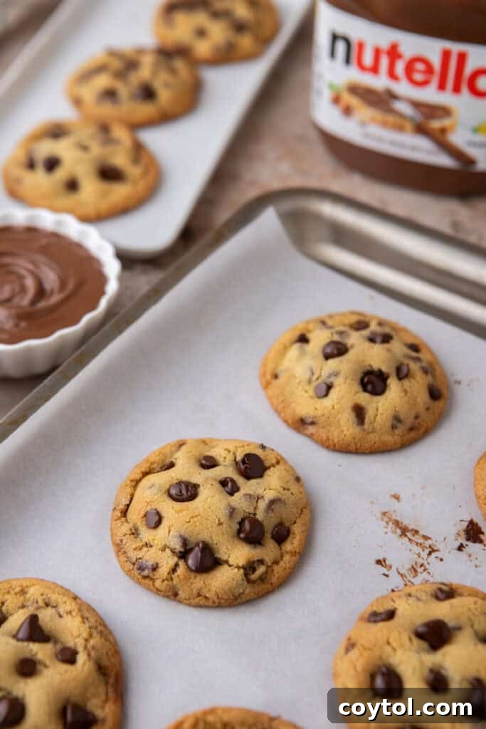 Freshly baked Nutella-stuffed chocolate chip cookies cooling on a tray with Nutella jar in the background
