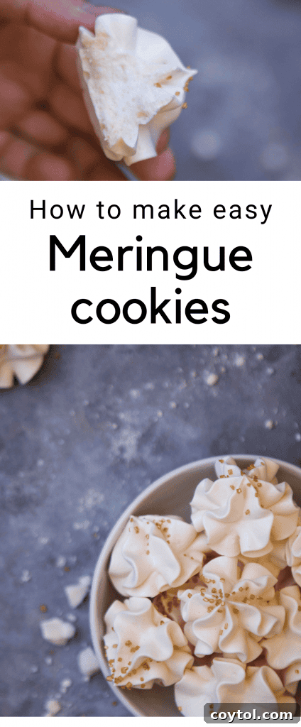 Pinterest graphic: How to make vanilla meringue cookies, featuring beautifully piped meringues.
