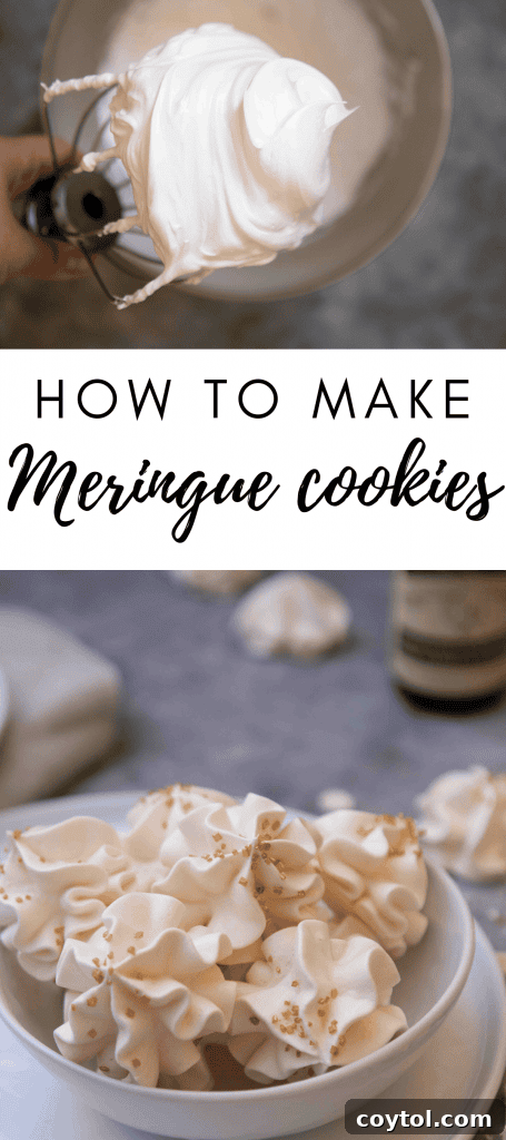 Pinterest graphic: Easy meringue cookie recipe, showcasing a batch of perfectly baked meringues.
