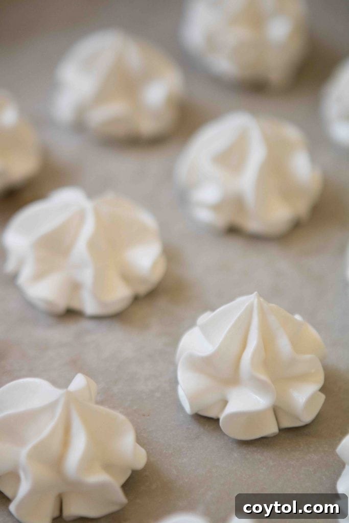 Close-up of fluffy, white meringue mixture in a mixing bowl, ready for piping.