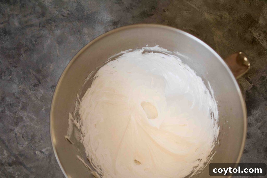 Process photo showing granulated sugar being slowly added to whipping egg whites for vanilla meringue.