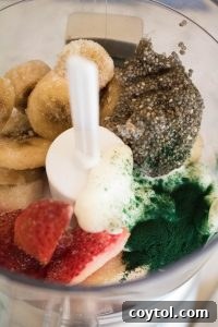 frozen fruit, chia seeds, spirulina, yogurt, honey blend