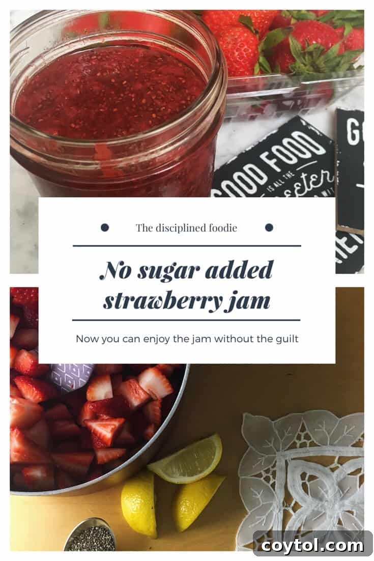 A jar of homemade strawberry chia jam next to fresh strawberries, a healthy and sugar-free recipe