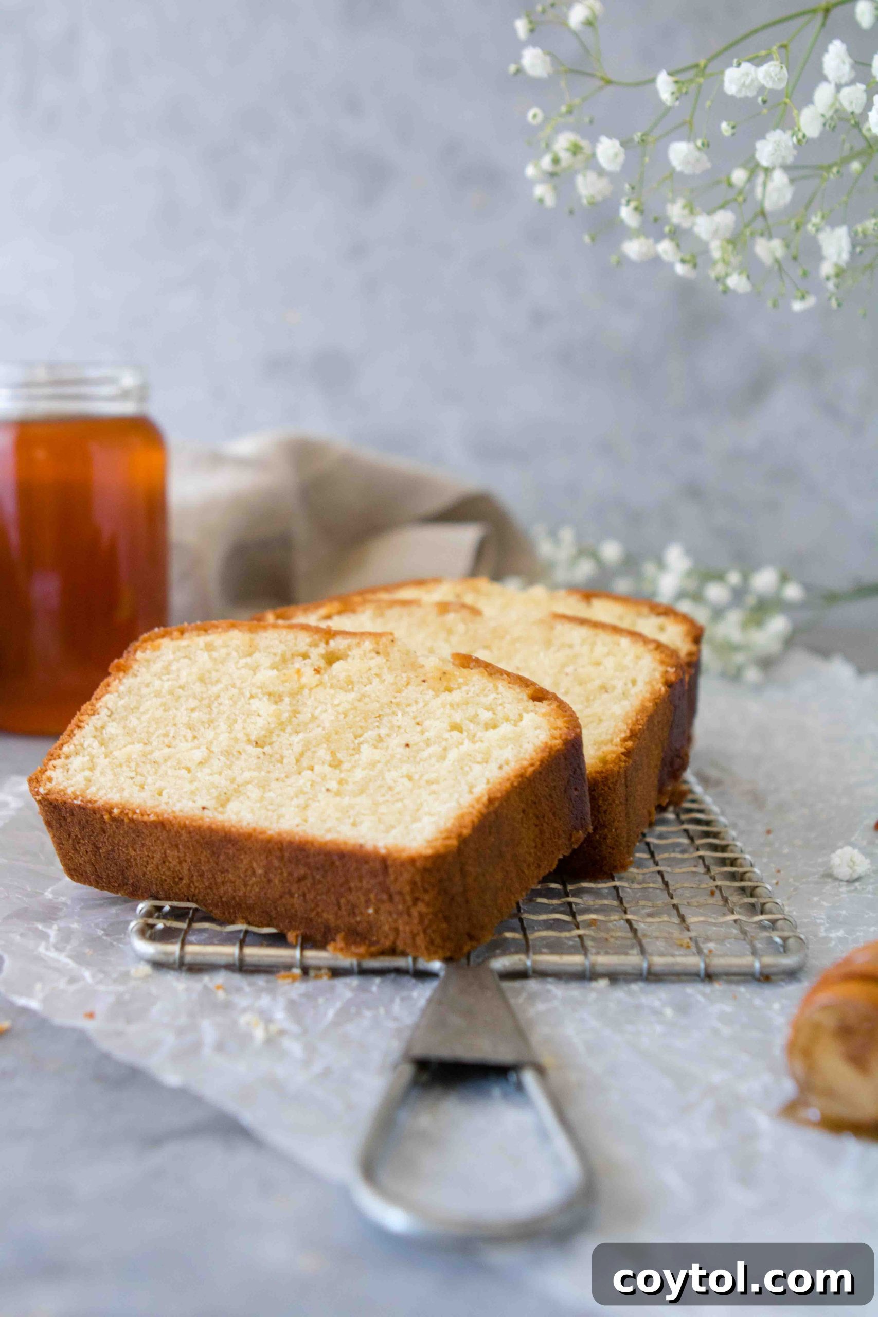 Grandma's Secret Moist Honey Tea Cake Loaf 6 Close-up of a beautifully golden brown baked honey tea cake loaf