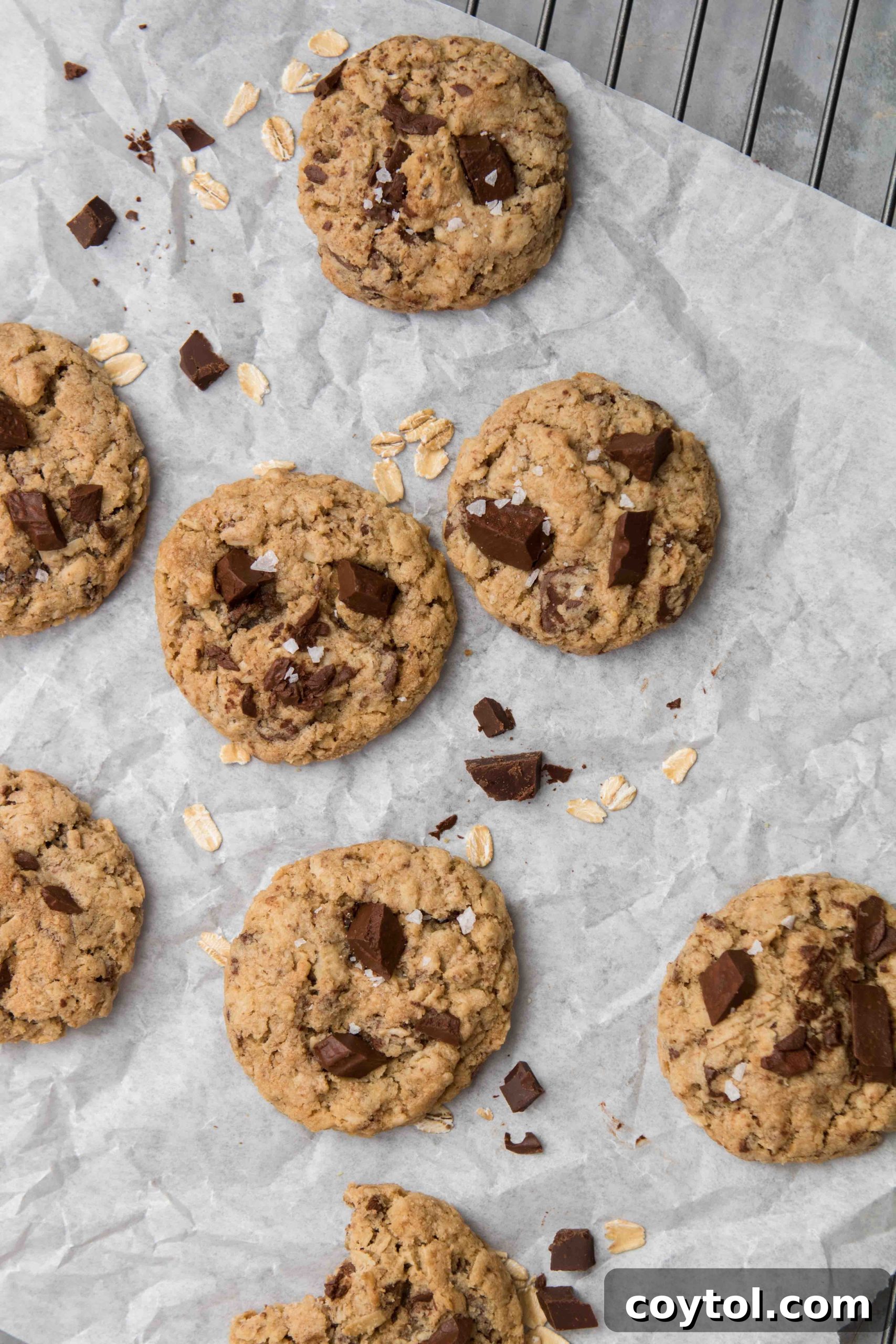Irresistibly Soft and Chewy Chocolate Chip Oatmeal Cookies 5 Ingredients for small batch oatmeal chocolate chip cookies laid out on a surface.