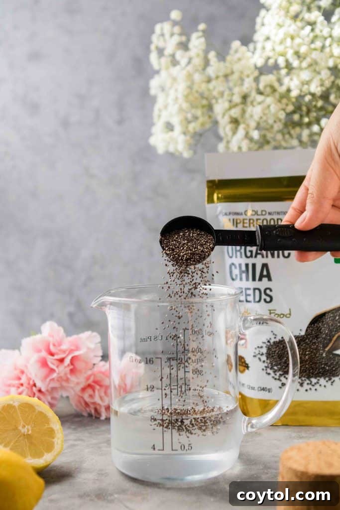 Soaking chia seeds in water for matcha lemonade