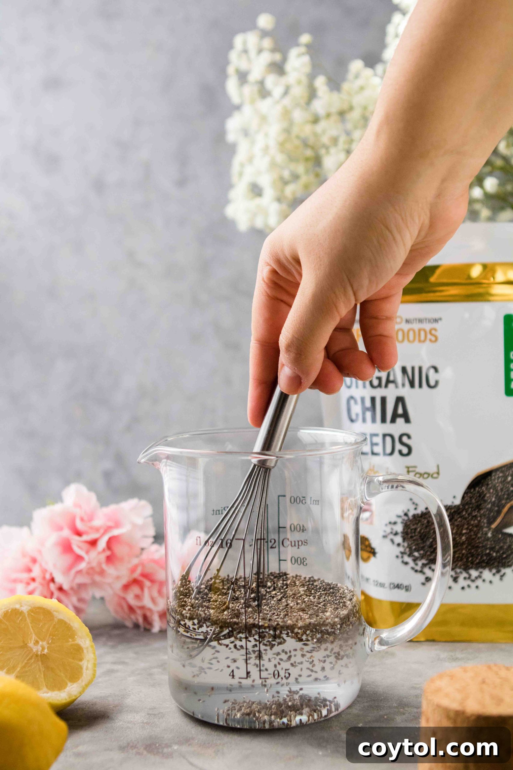 Chia seeds swelling in water, ready for use